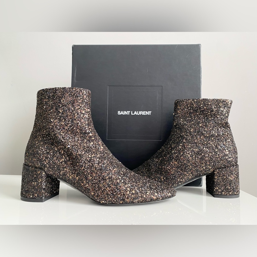 $1295 Yves Saint Laurent Loulou 50 Glitter Zip Up Ankle Lou YSL Boots Booties 36